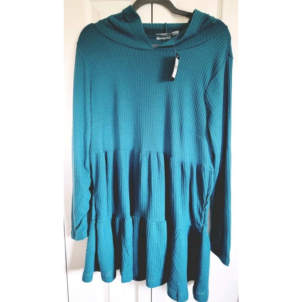 Avenue 14 Nola Waffle Weave Hooded Top‎ Teal Hoodie Stretch NWT